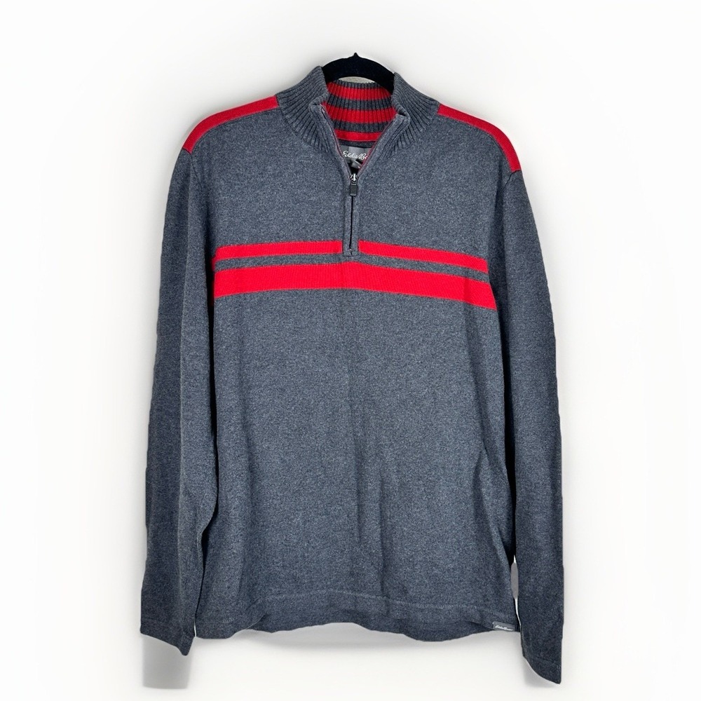 Eddie Bauer Mens Large Gray Red Striped‎ 1/4 Zip 100% Cotton Pullover Sweater